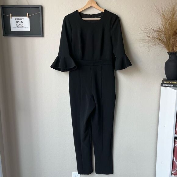 Black Halo Brooklyn Jumpsuit Black Bell Sleeve Pantsuit Size 4 - Picture 3 of 13